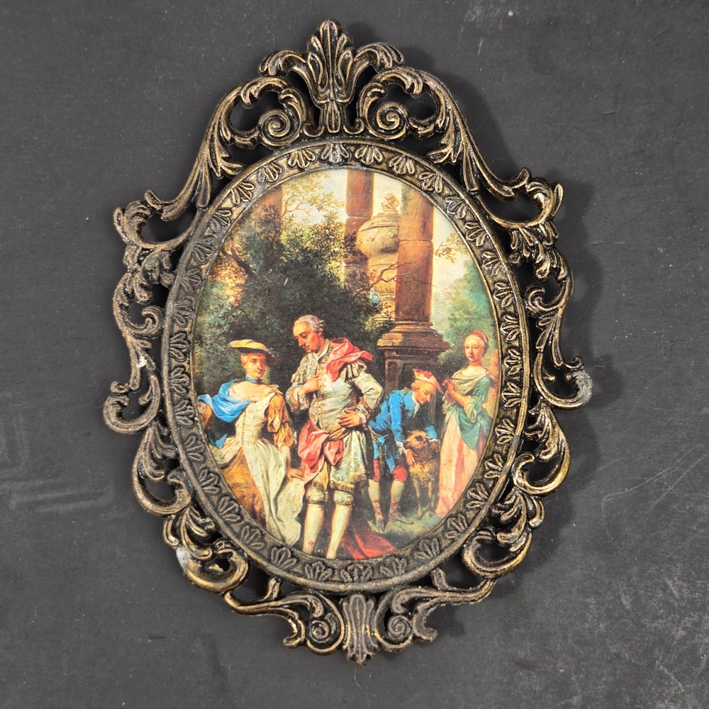 Vintage Italian Oval Miniature Brass Frame Rococo Scene Wall Art Made in Italy